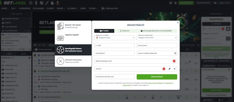 BetLabel regisztráció