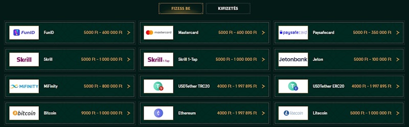 Casinia kaszinó fizetési módok