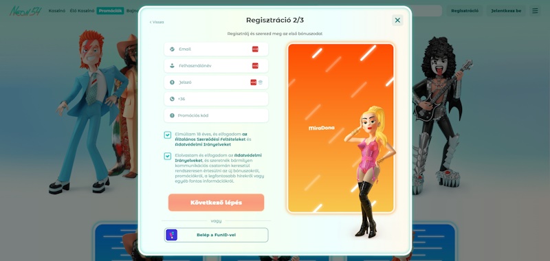Neon54 kaszinó regisztráció