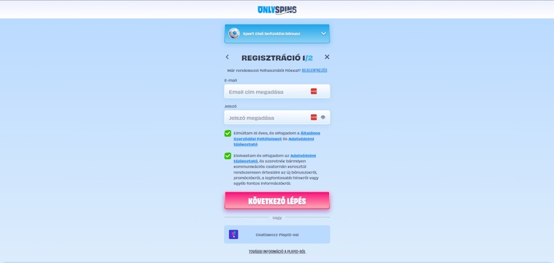 OnlySpins regisztráció
