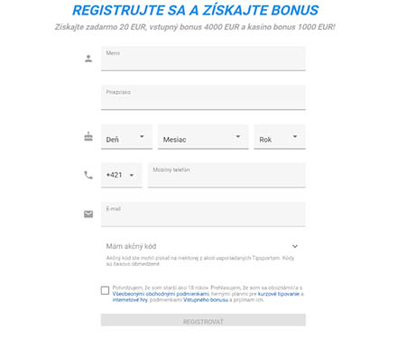 Tipsport SK registrácia