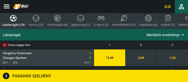 Élőben zajló fogadási opciók kiválasztása az 1X2 piacon a mobilos webszájt segítségével