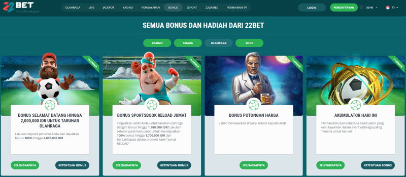 Berbagai bonus deposit member untuk Pengguna 22bet