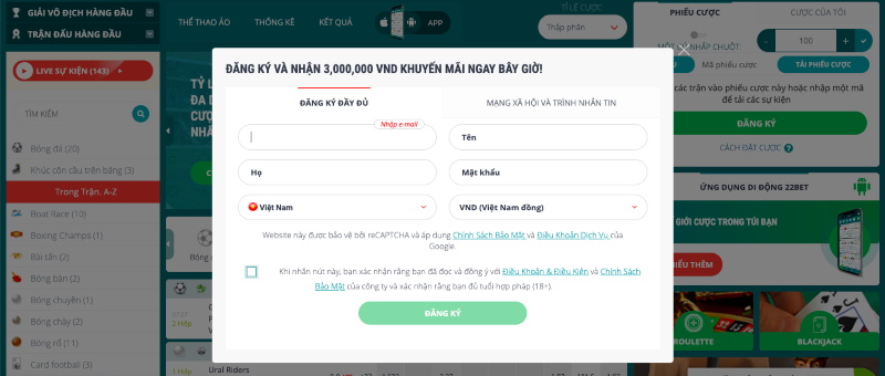 Hướng dẫn đăng ký tài khoản 22bet