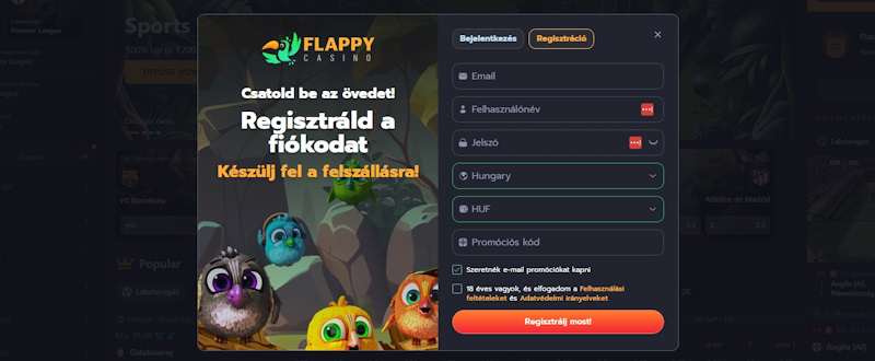 Flappy regisztrációs űrlap