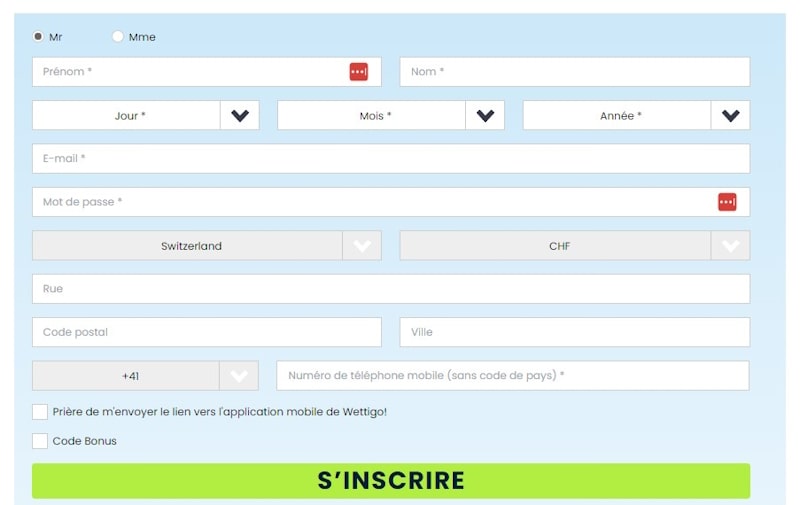 Formulaire d'inscription Wettigo